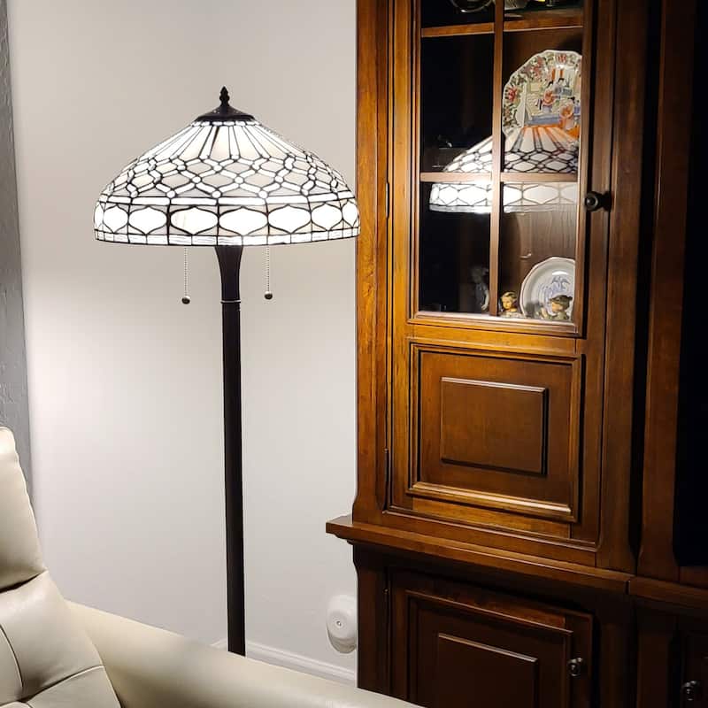 Tiffany Style Floor Lamp Standing 60" Tall Stained Glass White Mahogany Bedroom Reading Gift Amora Lighting