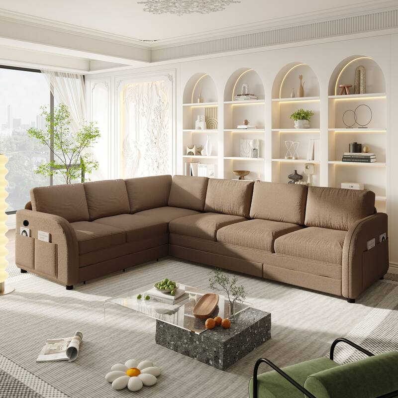 115" L-Shaped Sectional with Pull-Out Bed, USB Ports & Side Pockets, King Size Upholstered Bed