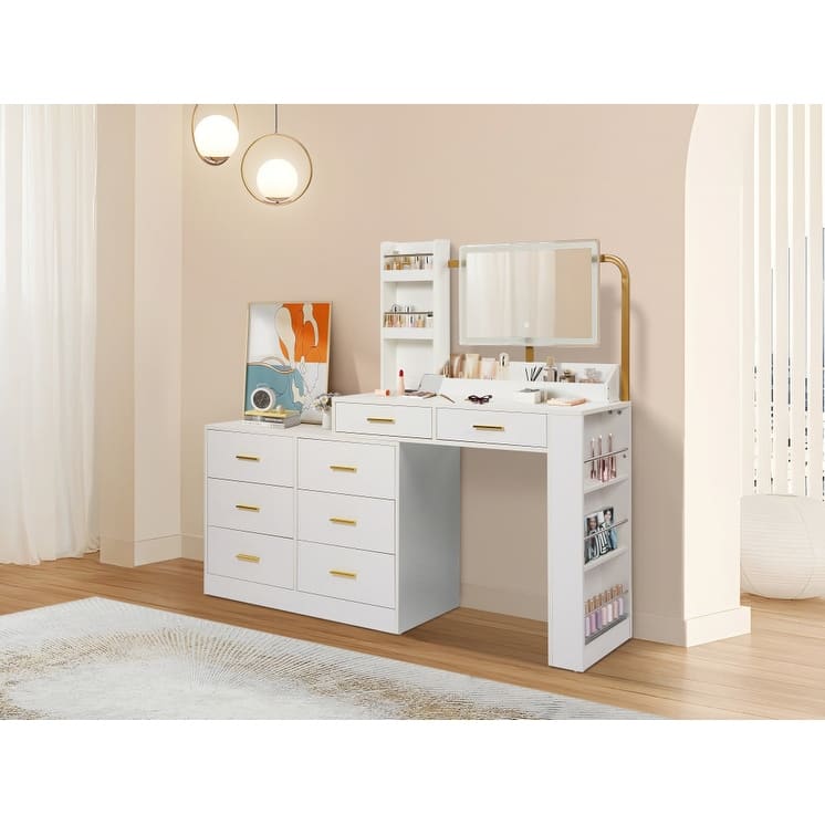 Makeup Vanity Desk with Mirror, Large Capacity Wooden Dresser Table, Dresser Table with Side Storage Rack & 8 Drawers - White