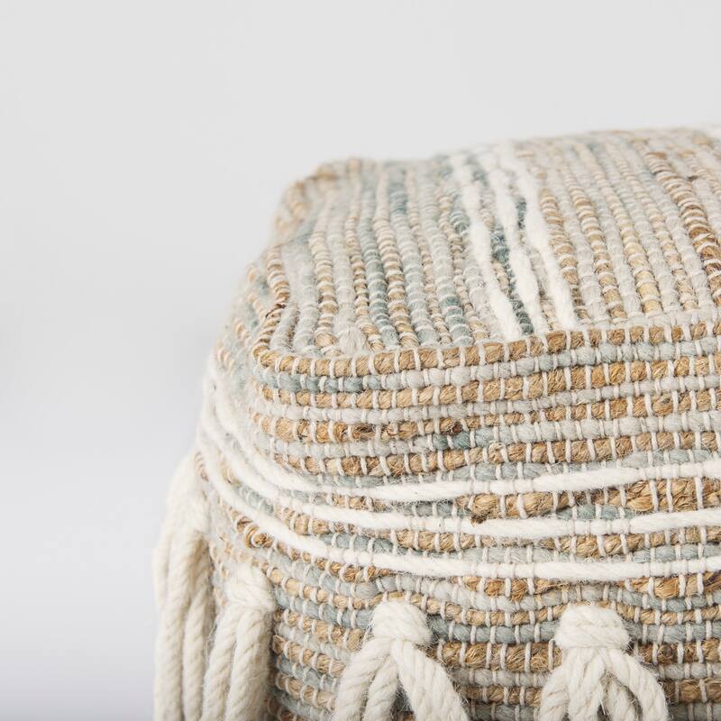 Mercana "Avni" Cream / Brown Hemp & Wool Fringed Square Pouf