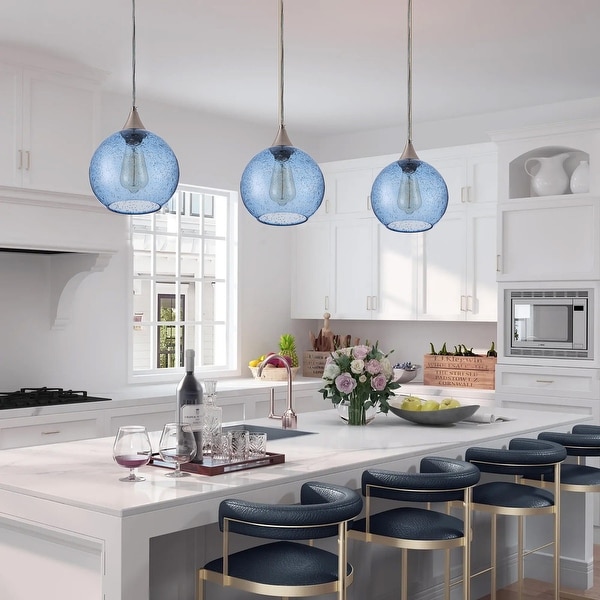 Farmhouse 1 Light Brushed Nickel Pendant Lamp with Blue Seeded Glass Shade
