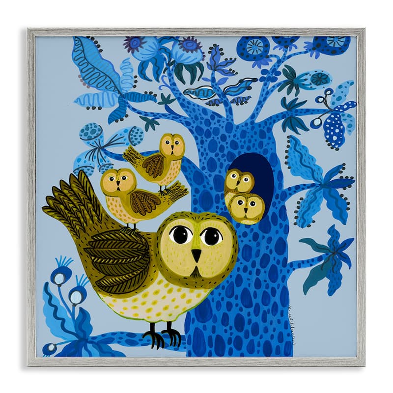 Stupell Playful Owls in Tree Framed Giclee Art Design By Kay Widdowson - 17 x 17 - Grey