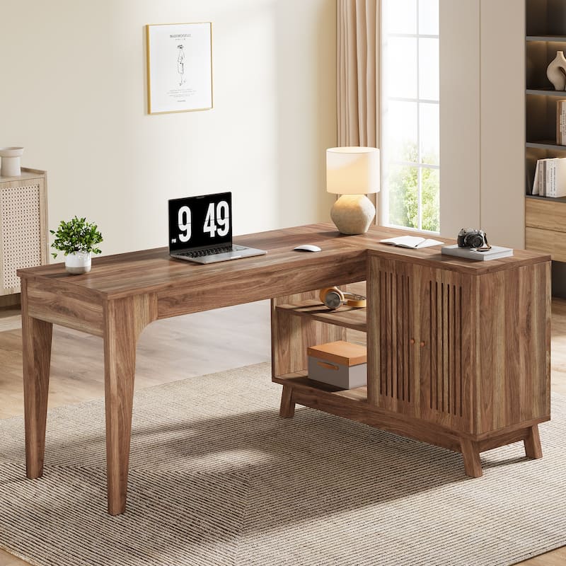 L-Shaped Desk with Storage Cabinet, 57-Inch Wood Corner Workstation - Brown
