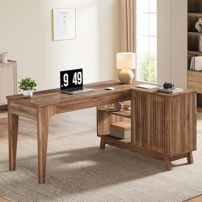 L-Shaped Desk with Storage Cabinet, 57-Inch Wood Corner Workstation