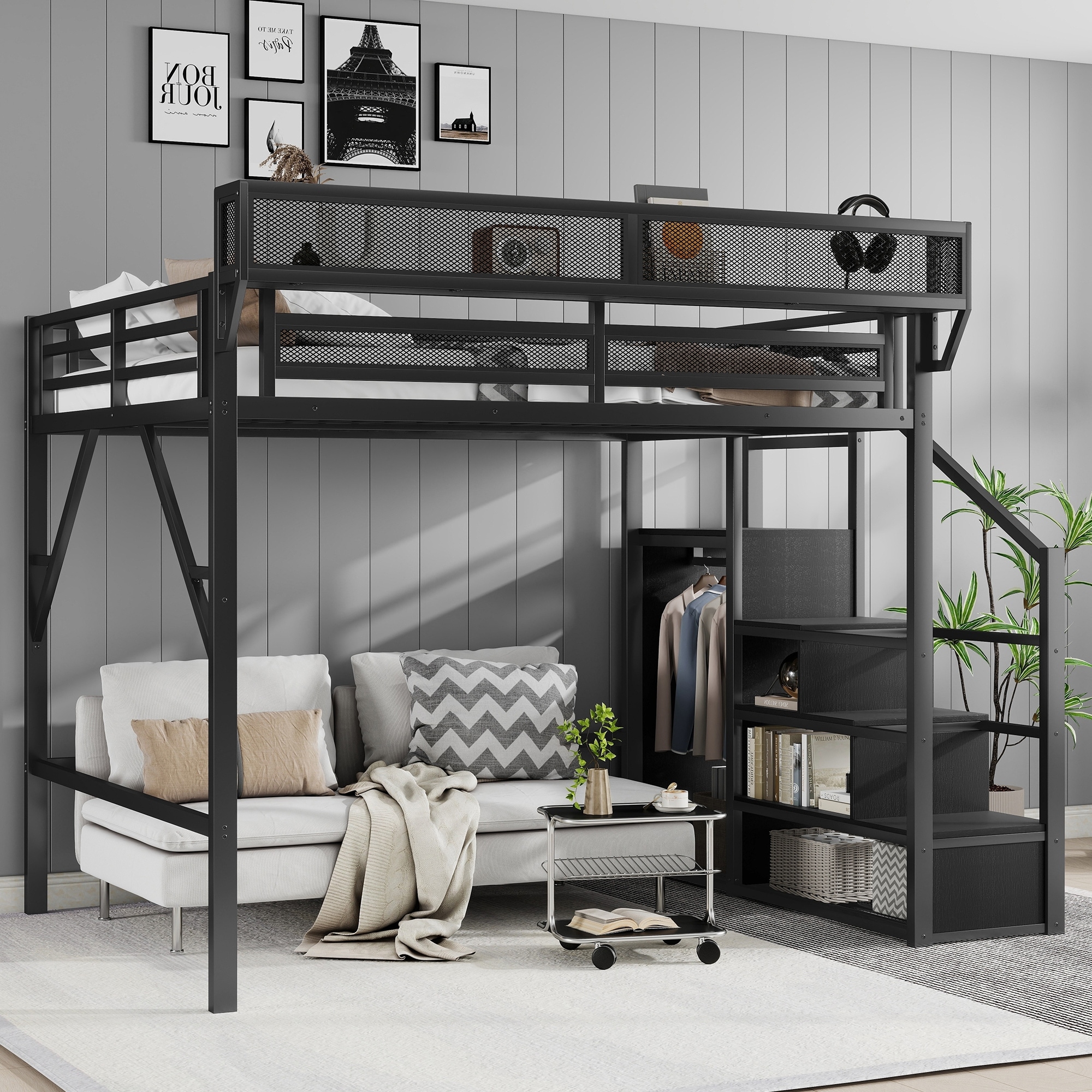 Queen Size Loft Bed with Stairs, Wardrobe for Kids Teens Adults