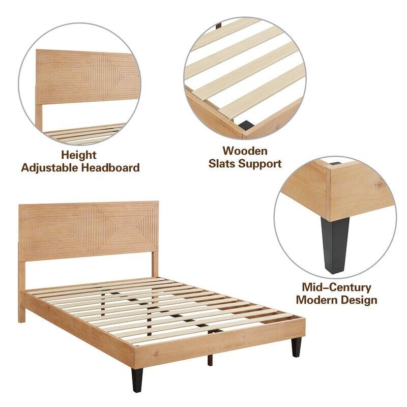 BIKAHOM Mid-Century Modern Solid Wooden Platform Bed with Adjustable Height Headboard for Bedroom