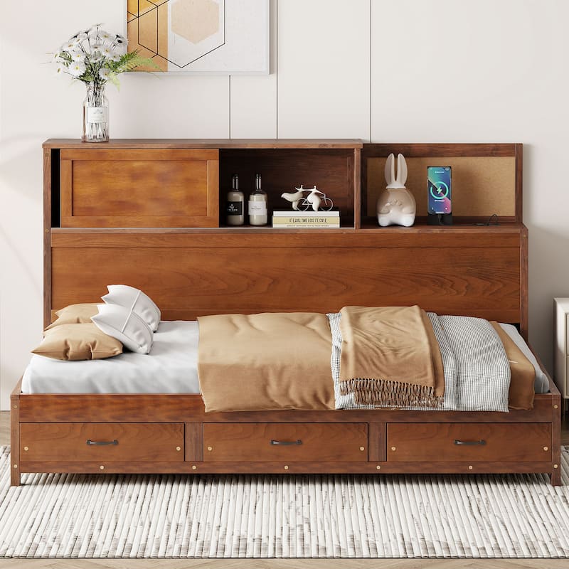 Full Size Wooden Daybed with Storage Drawers, USB Ports, and Shelf in Walnut
