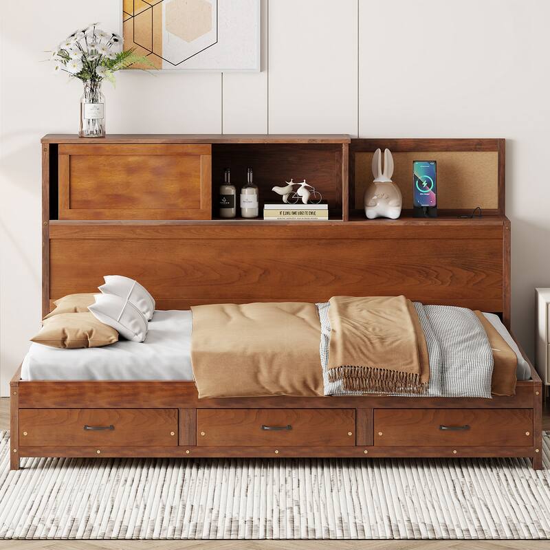 Full/Twin Size Built-in Storage Bed Versatile Wooden Daybed with 3 Drawers, Pushable Top Shelf, USB Ports and Power Outlets