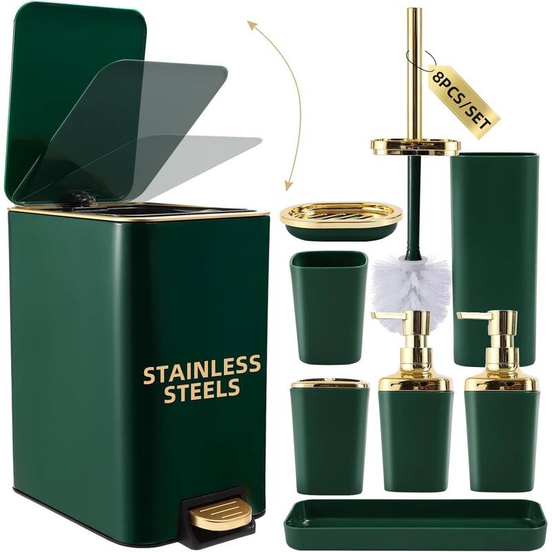 8-piece bathroom set with stainless steel trash can, toilet brush, toothbrush set, soap dispenser - Green