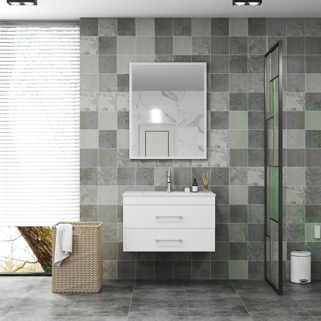 GDFStudio - 32-Inch White Gloss Wall-Mounted Bathroom Vanity with Double Drawers