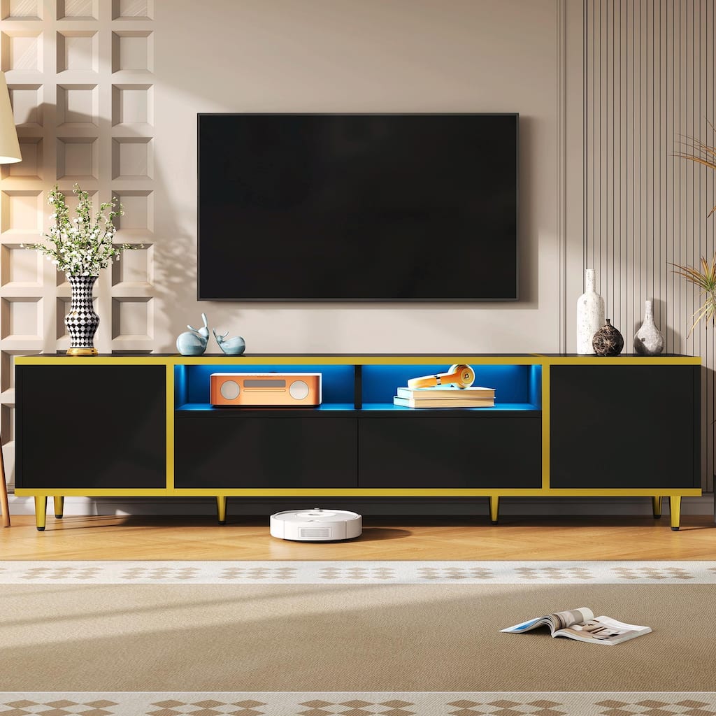 70.9'' Modern Entertainment Center, LED Lights, 2 Shelves, 2 Drawers & Metal Legs