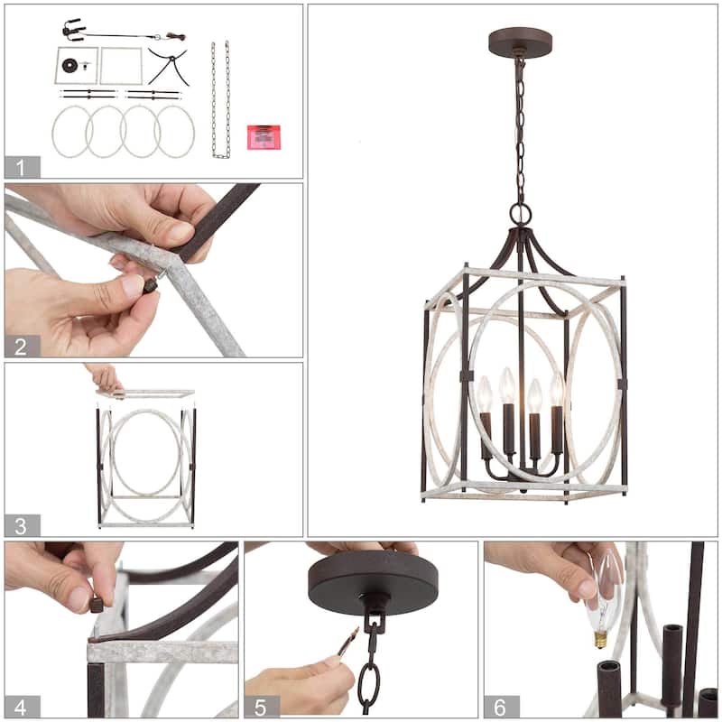 Farmhouse 4-Light Lantern Chandelier Rustic Pendant for Kitchen Island