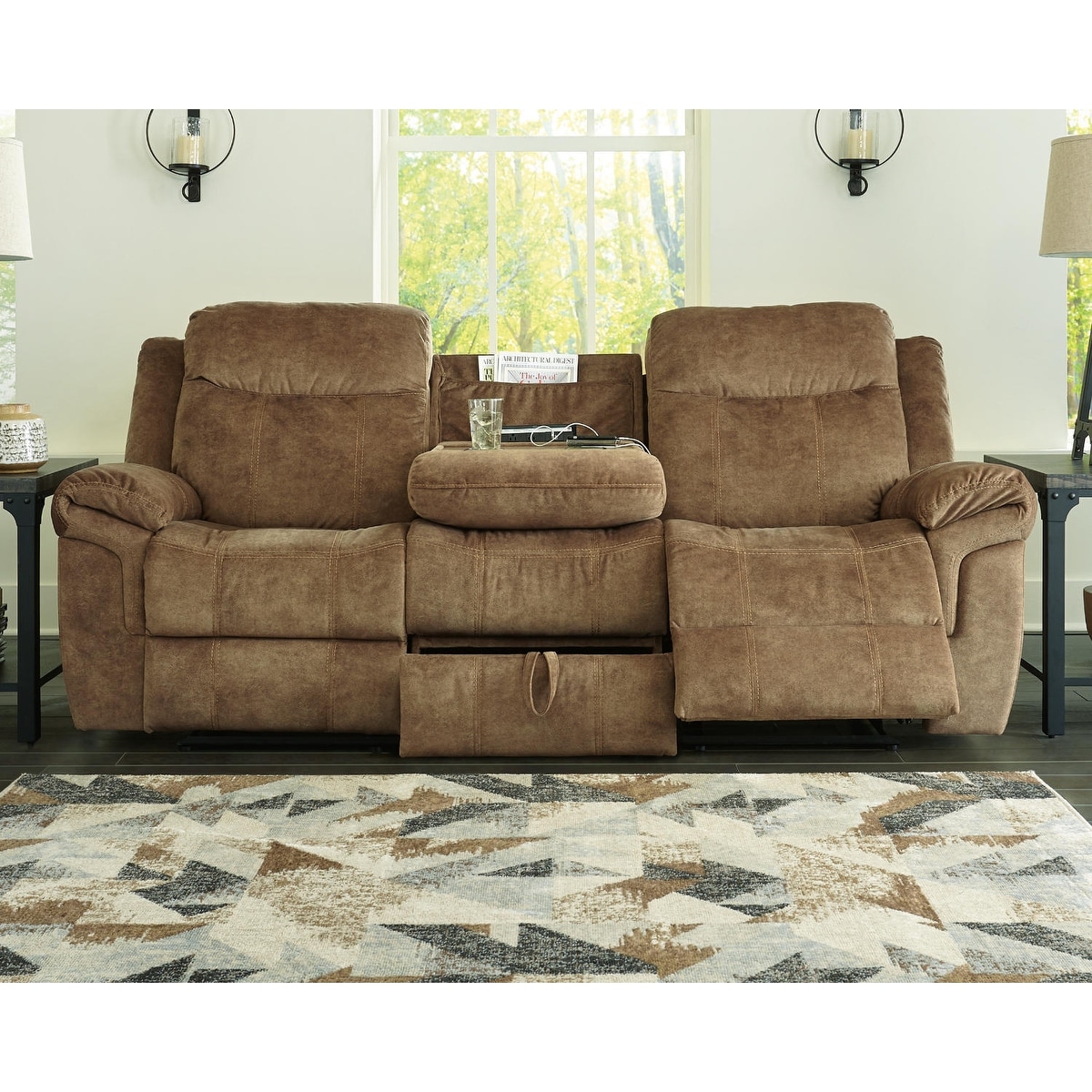 Microfiber reclining sofa 2025 with drop down table