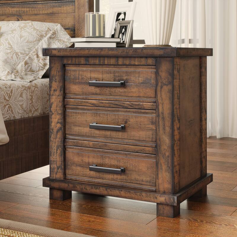 Rustic Farmhouse Nightstand - Reclaimed Solid Wood, Three Drawer Bedside Table, Small Wooden Dresser, Durable & Eco-Friendly