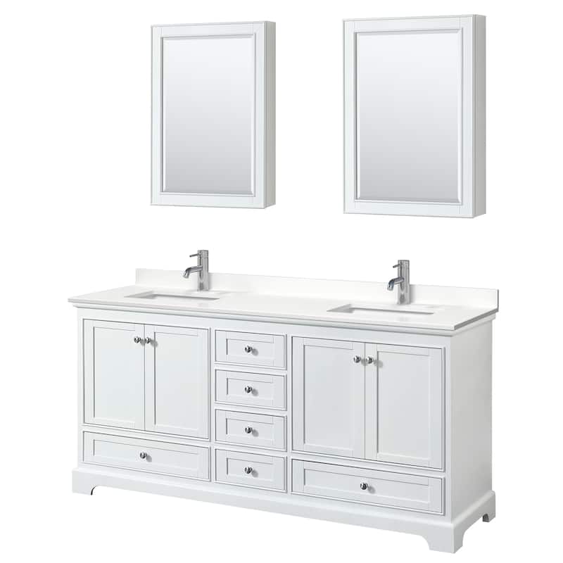 Deborah 72-inch Double Vanity, Quartz Top, Medicine Cabinets - White, Chrome Trim, White Quartz Top