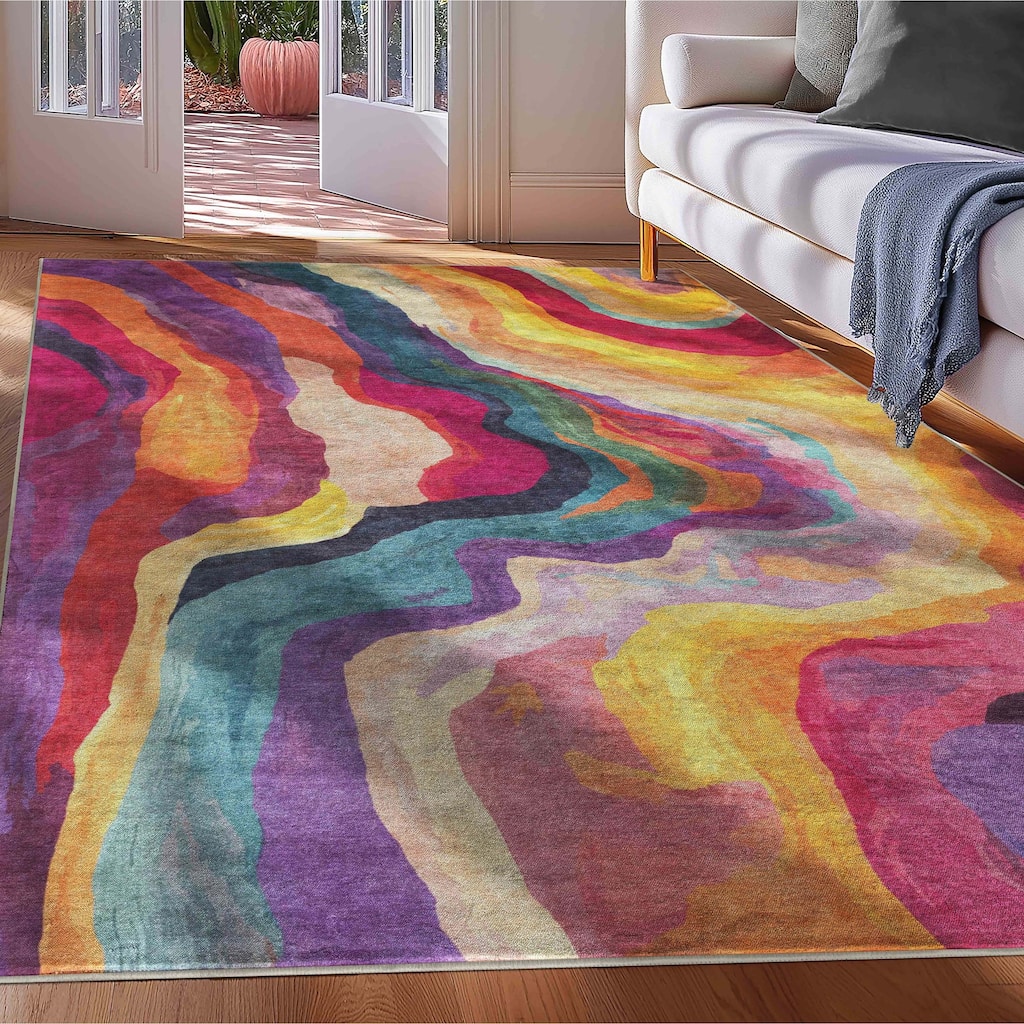 Well Woven Apollo Abstract Libre Waves Stripes Multi Low Pile Area Rug