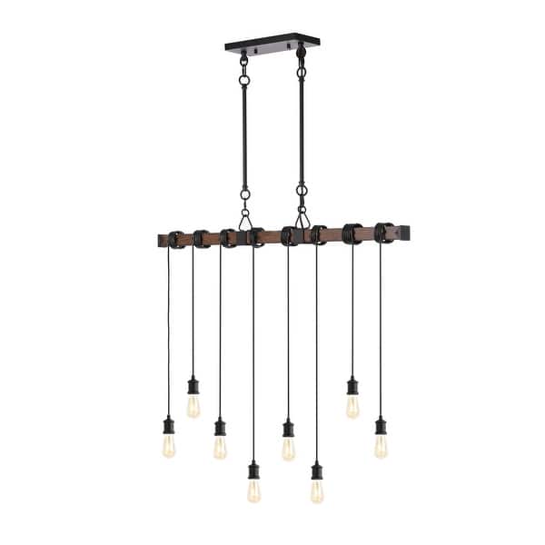slide 2 of 11, Zoey 40" 8-Light Vintage Driftwood Iron LED Linear Chandelier with Height Adjustable Bulbs, Brown Wood/Black , by JONATHAN Y Brown Wood Finish/Black