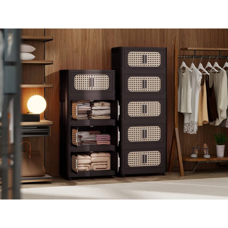 Anmytek Retro Brown 5 Tier Collapsible Plastic Storage Cabinet with Wheels Magnetic Door 20" Wide