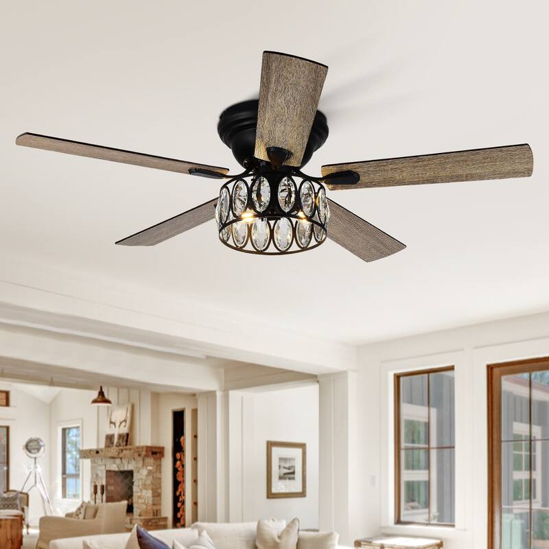52" 5-Blade Flush Mount Ceiling Fan with Crystal Light Remote Control - 52 Inch