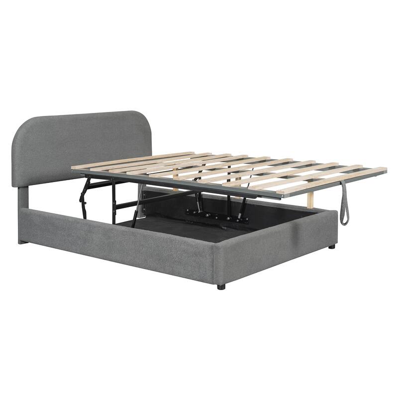 Luxury Teddy Fleece Fabric Bed Frame with Lift Up Storage, Upholstered Platform Bed Frame with Hydraulic Storage System