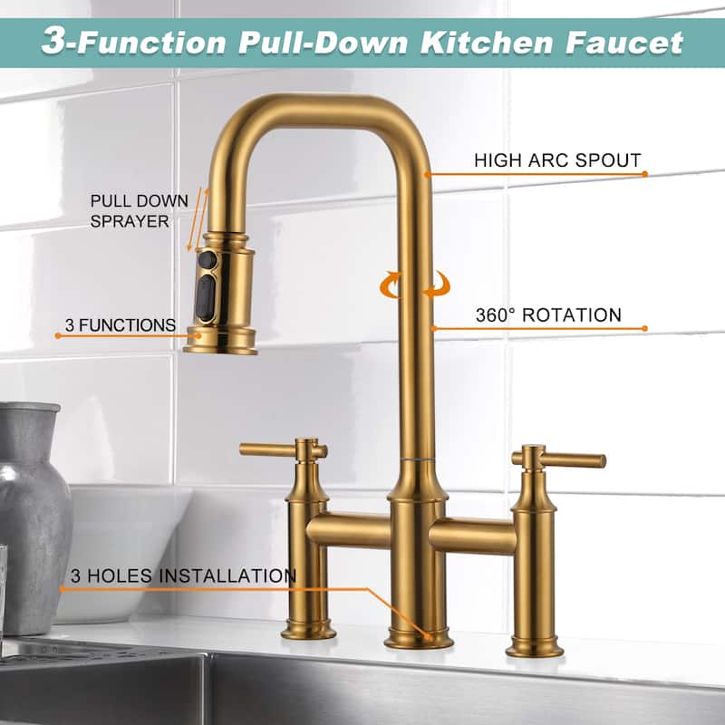 WOWOW Double Handle Bridge Kitchen Faucet with Advanced Spray