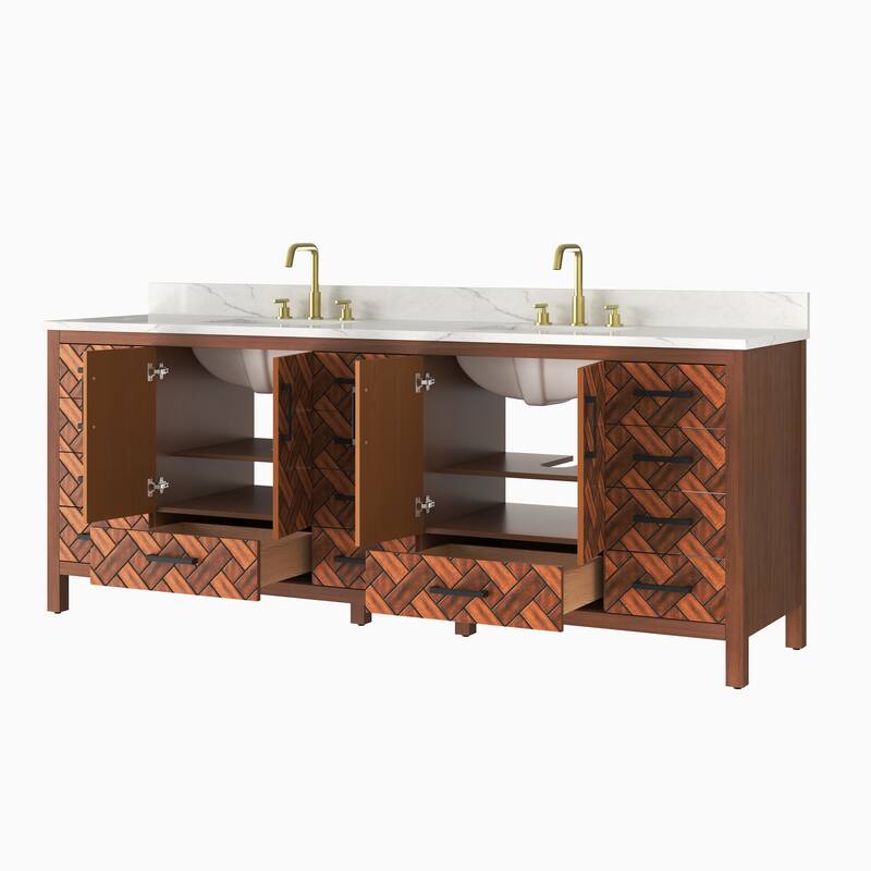 84" Freestanding Bathroom Vanity with Engineered Stone Top, Ceramic Double-Sink, Built-In Power Outlet, and Hair Dryer Storage