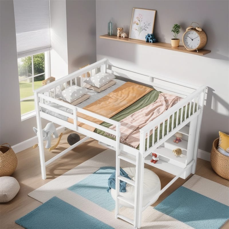 Full Size Wood Loft Bed w/ 8 Open Storage Shelves and Built-in Ladder