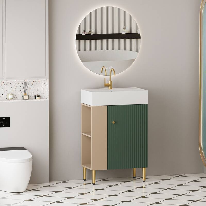 Compact White Bathroom Vanity with Ceramic Sink, Soft-Closing Cabinet, and Brushed Copper Accents for Small Spaces