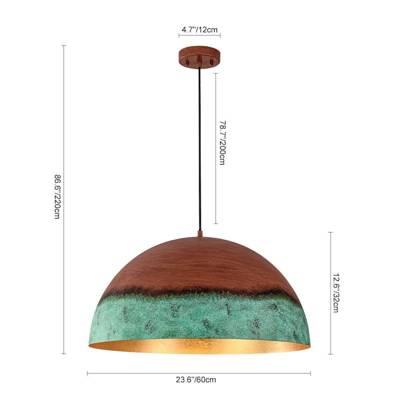 Weathered Copper Metal Oversized Dome Pendant Green Patina Accent