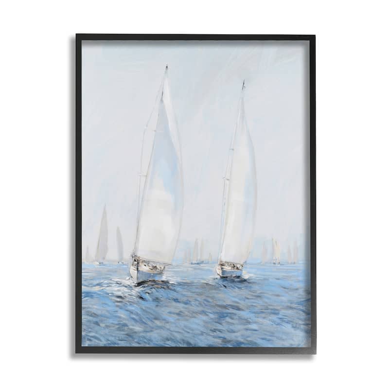 Stupell Beautiful White Sailboats Drifting Ocean Waves Painting Framed Wall Art - Grey - 16 x 20 - Black