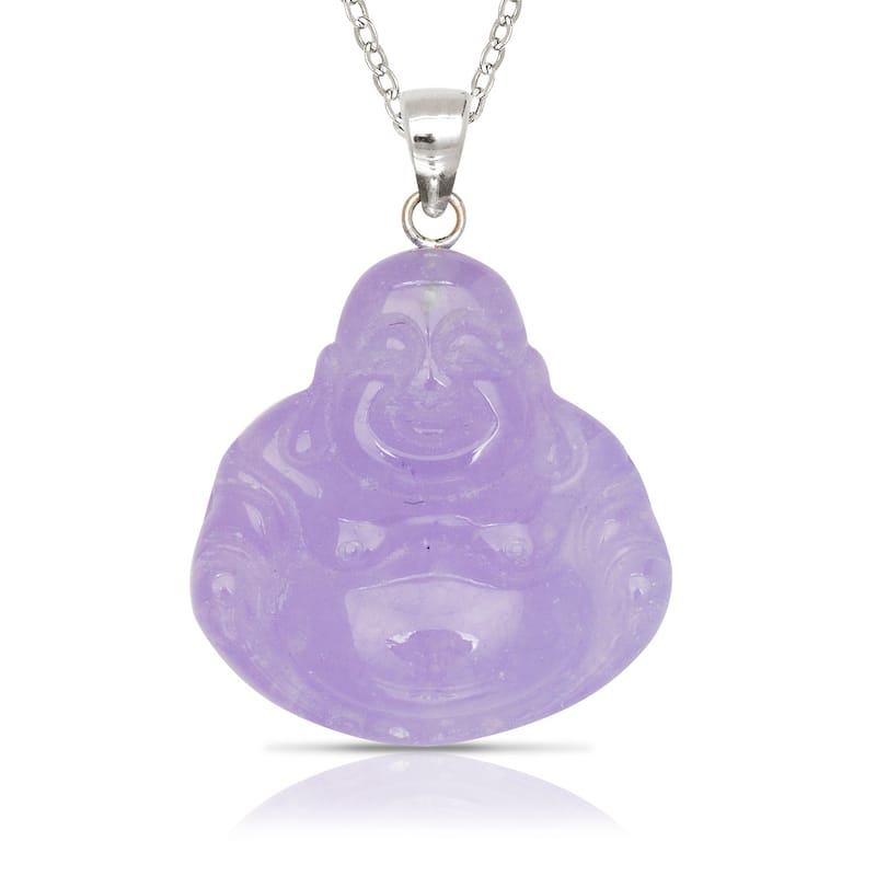 925 Sterling silver 18" Green Jade/Lavendar Jade/Black Onyx/ Brown Jade Carved Buddha Pendant Necklace (20mm x 30mm) - Lavender Jade