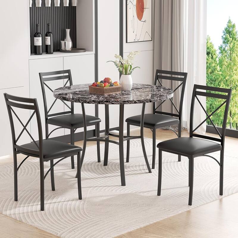 VECELO Round Dining Table and Chairs Sets, 4 Colors Dining Table Set - Black