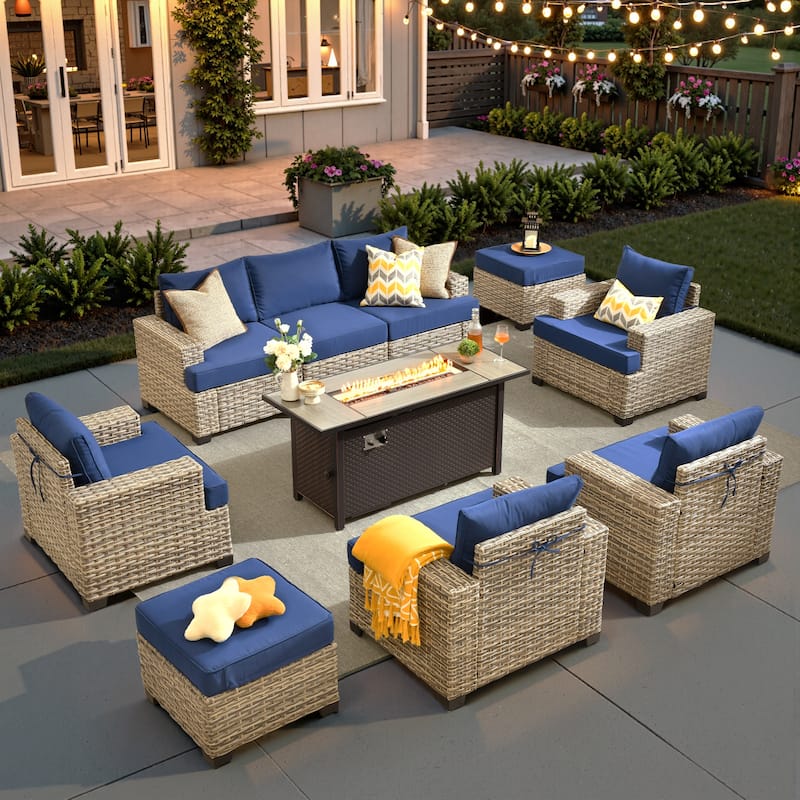 XIZZI 10-piece Outdoor Patio Furniture Sectional Set with Fire Table - Navy Blue