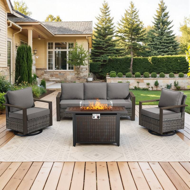 Meyreso Wicker Outdoor Patio Metal Fire Pit Set with Swivel Gliders & 4.5" Olefin Cushions