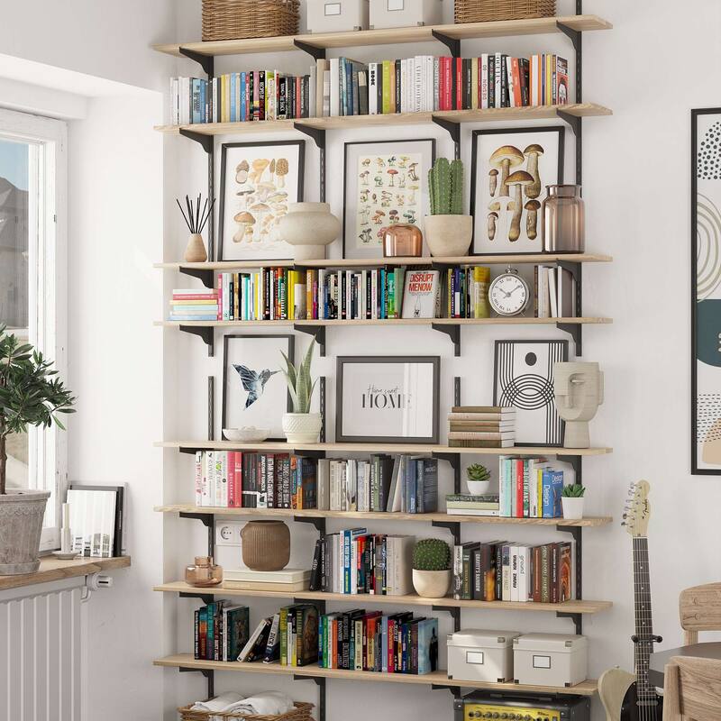 Wallniture Turin 60 Inch Long Wall Bookshelf, Floating Shelf with Adjustable Brackets, Farmhouse, Custom Finish and Tier Options - 60'' x 8'' | 4-Tier - Black Brackets + Burnt Boards