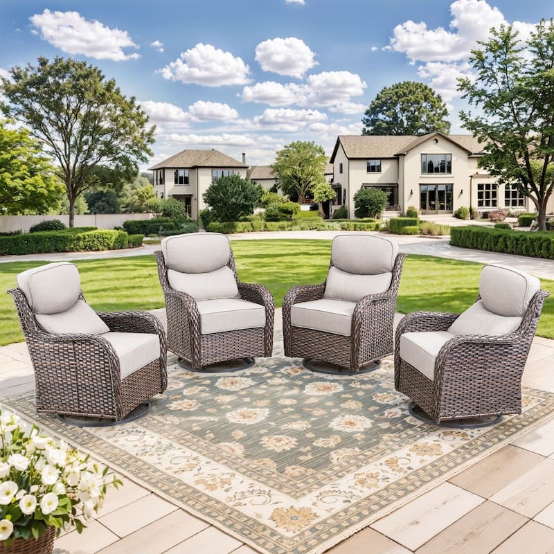 Outdoor Swivel Chairs with 6-Inch Thick Cushions for Garden - Brwon Wicker Beige Cushion - 4PCS Swivel Chair