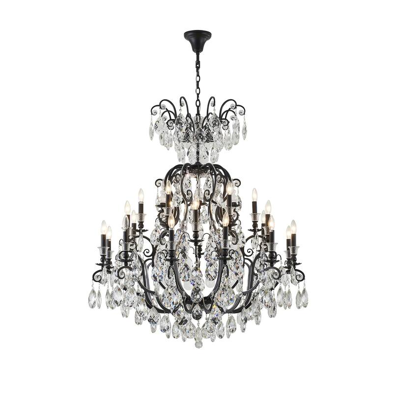 24-Light Matte Black Chandelier With Clear Hanging Crystals