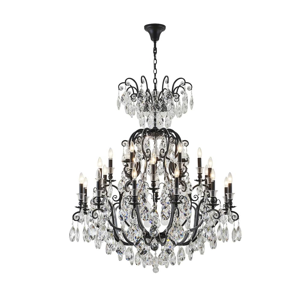24-Light Matte Black Chandelier With Clear Hanging Crystals