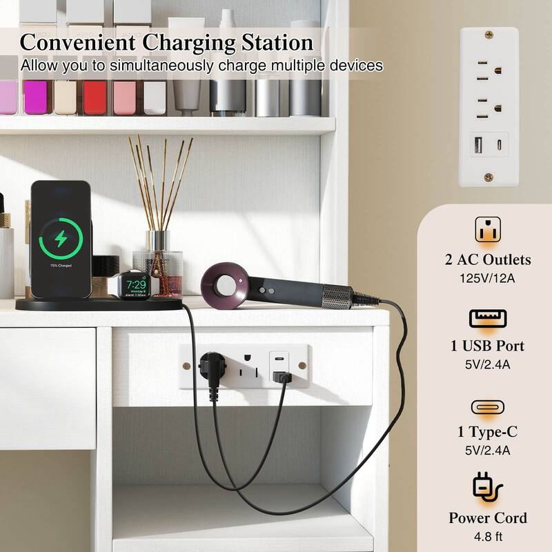 Costway Vanity Desk Set with Mirror & Lights Power Outlet Cushioned - See Details