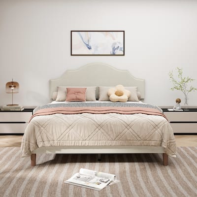 Queen Size Beige Linen Fabric Upholstered Platform Bed with Adjustable Curved Headboard, Slats Bed Frame and Plastic Bed Feets