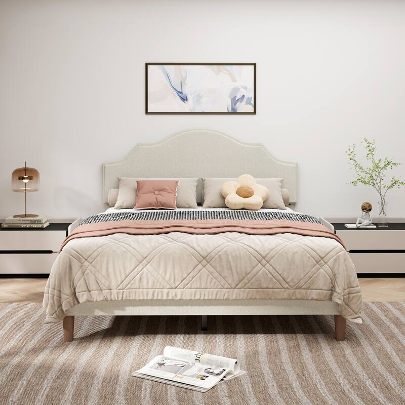 Queen Upholstered Platform Bed with Adjustable Headboard, Linen Fabric, No Box Spring Needed, Beige - Beige