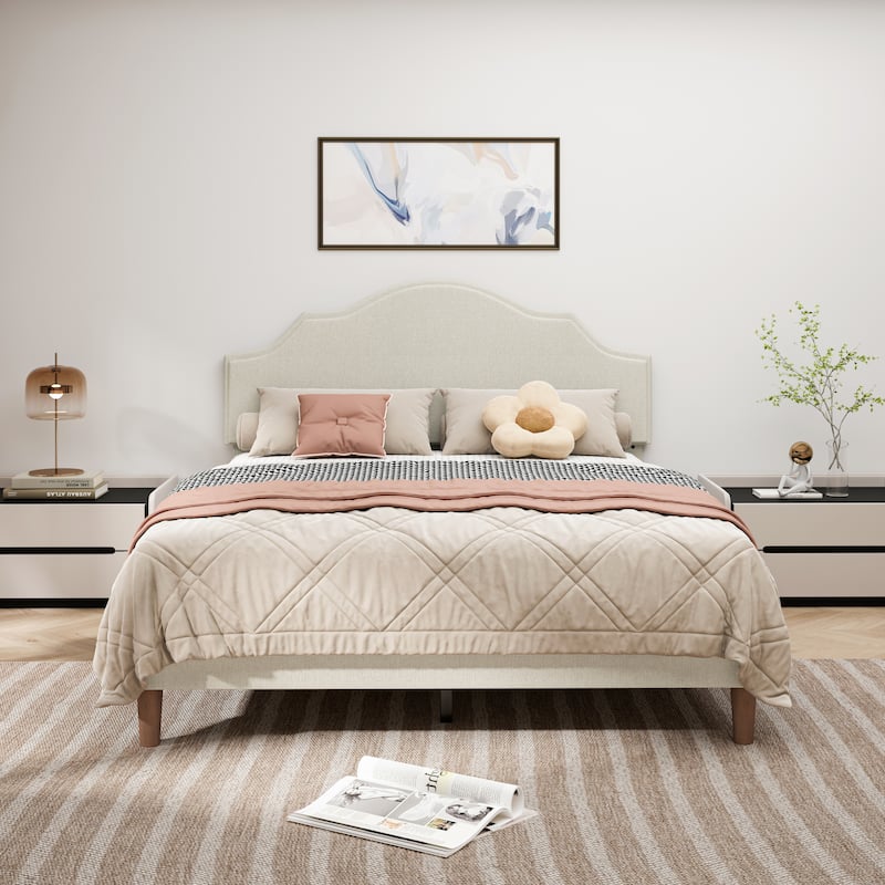 Sleek and Modern Design Bed Frame Upholstered Platform Bed - Queen - Beige