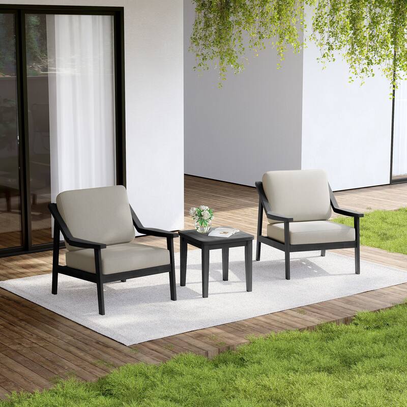Outdoor Wood Cushioned Patio Set of 2 Accent Chair with Side Table