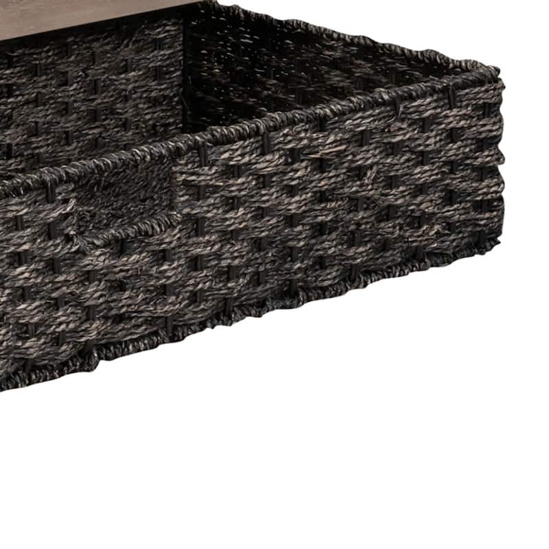 Modern Farmhouse Style Wooden Bench with 2 Drawers and a Woven Storage Basket