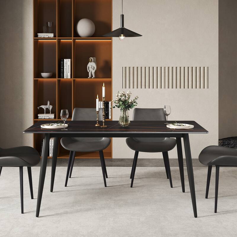 63in Dining Table for 4 Kitchen & Dining Room Table, Modern Sintered Stone Table with Metal Legs