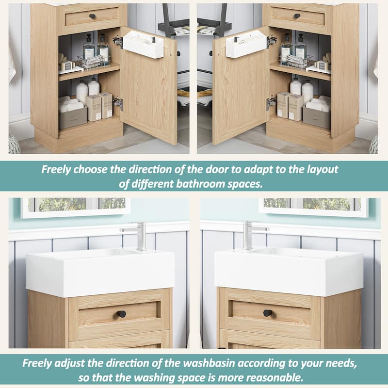 18.5" Bathroom Vanity with Resin Sink, MDF Cabinet, Adjustable Shelf, Reversible Door, Rustic Style for Small Spaces