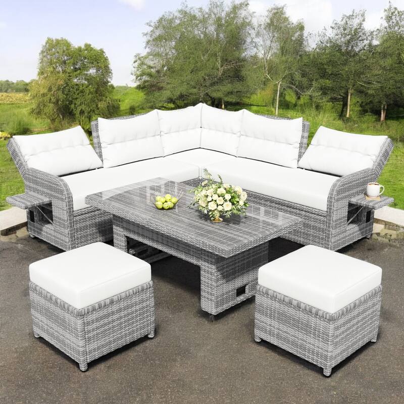 Outdoor Rattan Furniture Set with Adjustable Table, Recliners, and Movable Ottomans Patio Sofa Set for Garden & Backyard - Beige
