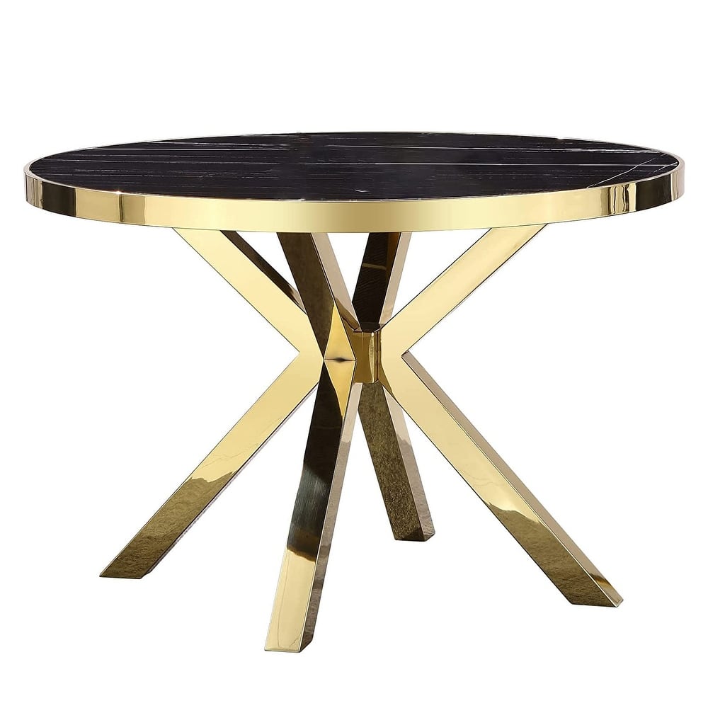 Round Dining Room Table with Silver Stainless Steel Metal Cross Base