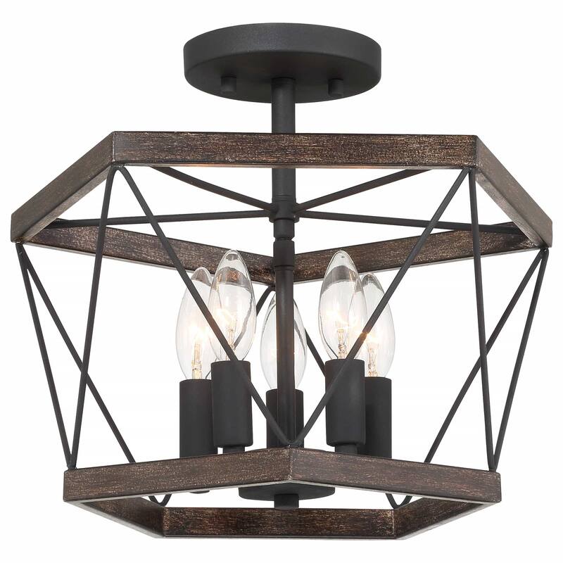Kiro 5-light Farmhouse Geometric Drum Semi-flush Mount Ceiling Light - 15 inches - Weathered Walnut