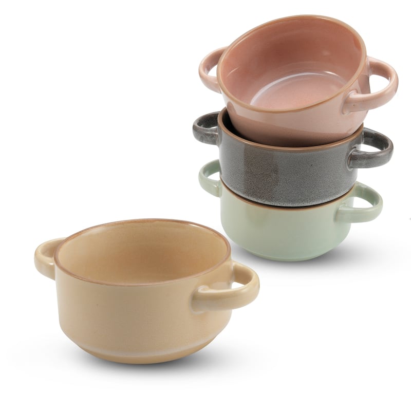 American Atelier Glazed Soup Bowls with Handles Set of 4 - 16 oz. - Assorted Colors - 4 Piece